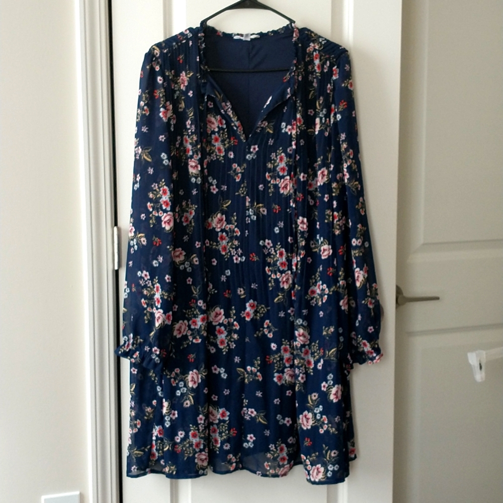 Time & True XXL blue floral pleated sheer long sleeve above knee dress